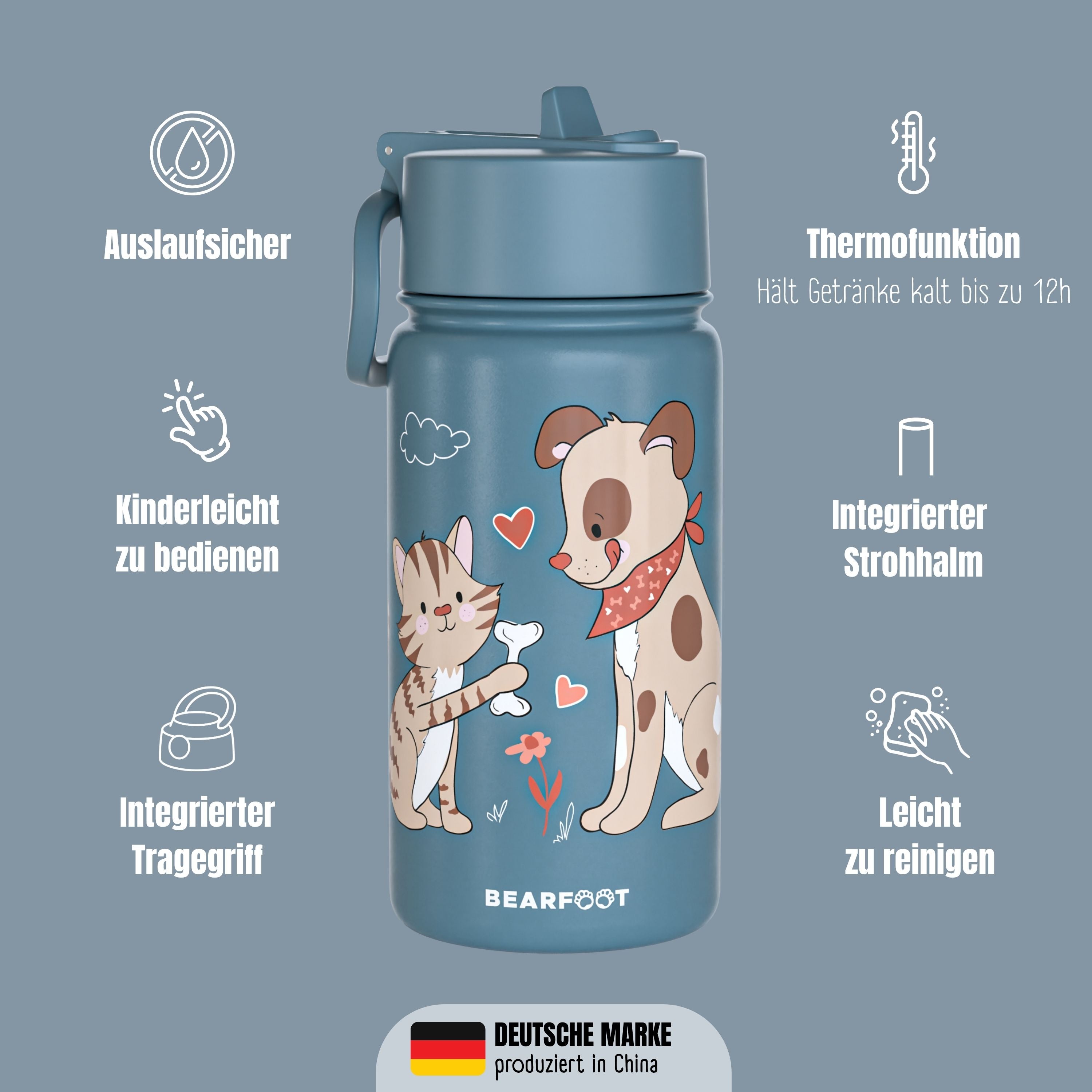 Botella térmica para niños de acero inoxidable - perro y gato azul