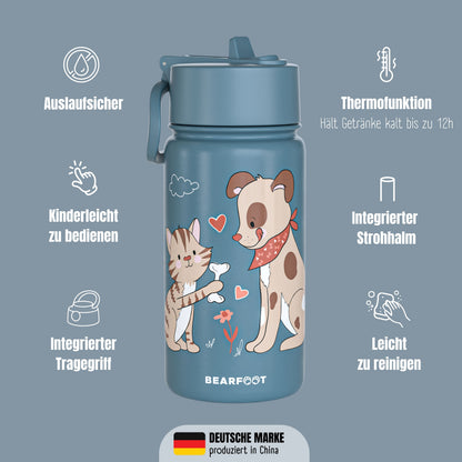 Botella térmica para niños de acero inoxidable - perro y gato azul