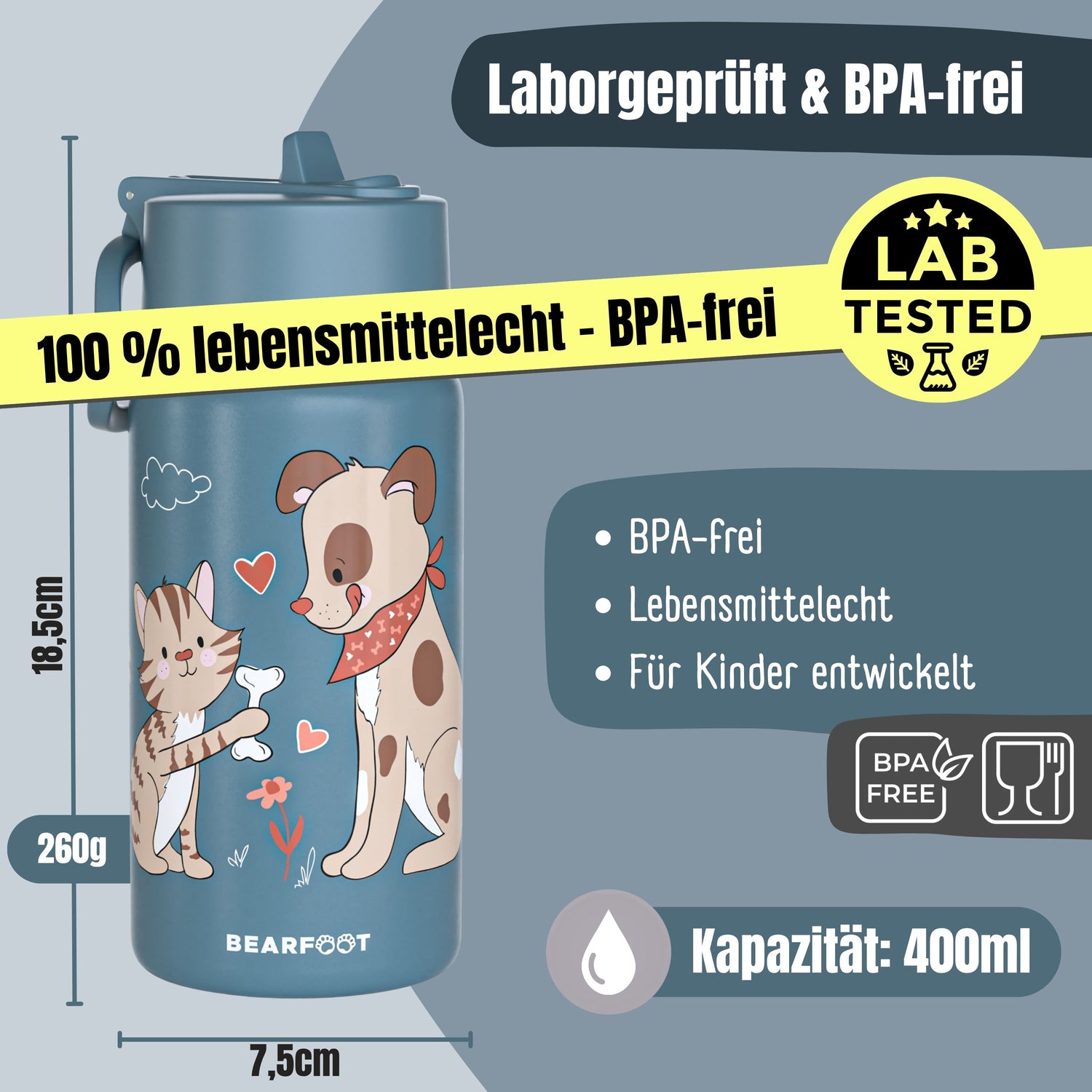 Botella térmica para niños de acero inoxidable - perro y gato azul