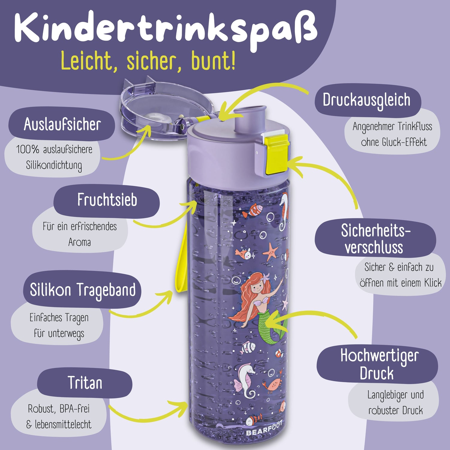 Kinderdrinkfles, 500 ml, lichtgewicht - zeemeermin paars