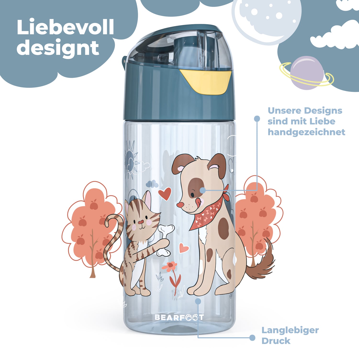 Gourde gourde légère pour enfants - chien et chat bleu