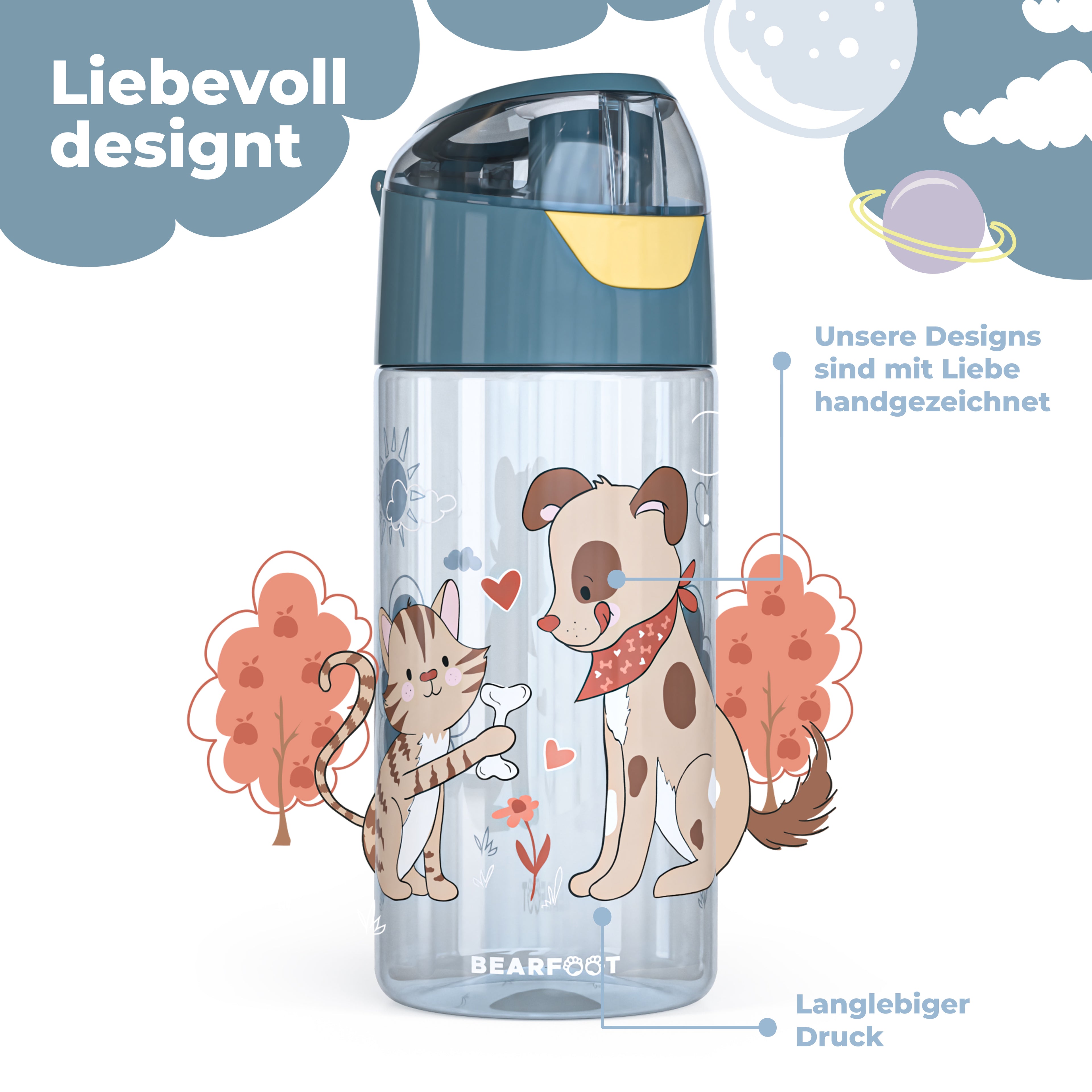 Gourde gourde légère pour enfants - chien et chat bleu