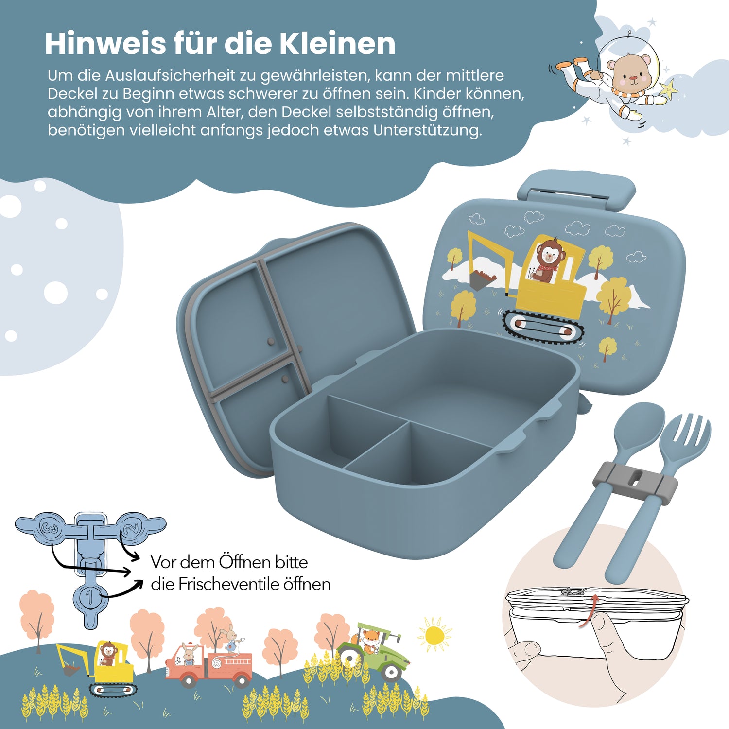 Brotdose Kinder mit Fächern, leicht &amp; auslaufsicher - Bagger