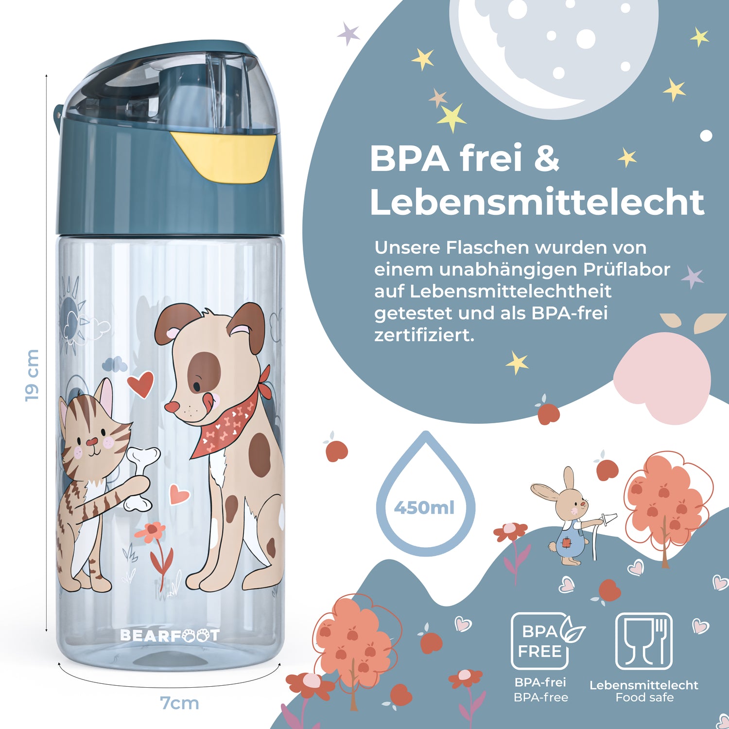 Gourde gourde légère pour enfants - chien et chat bleu
