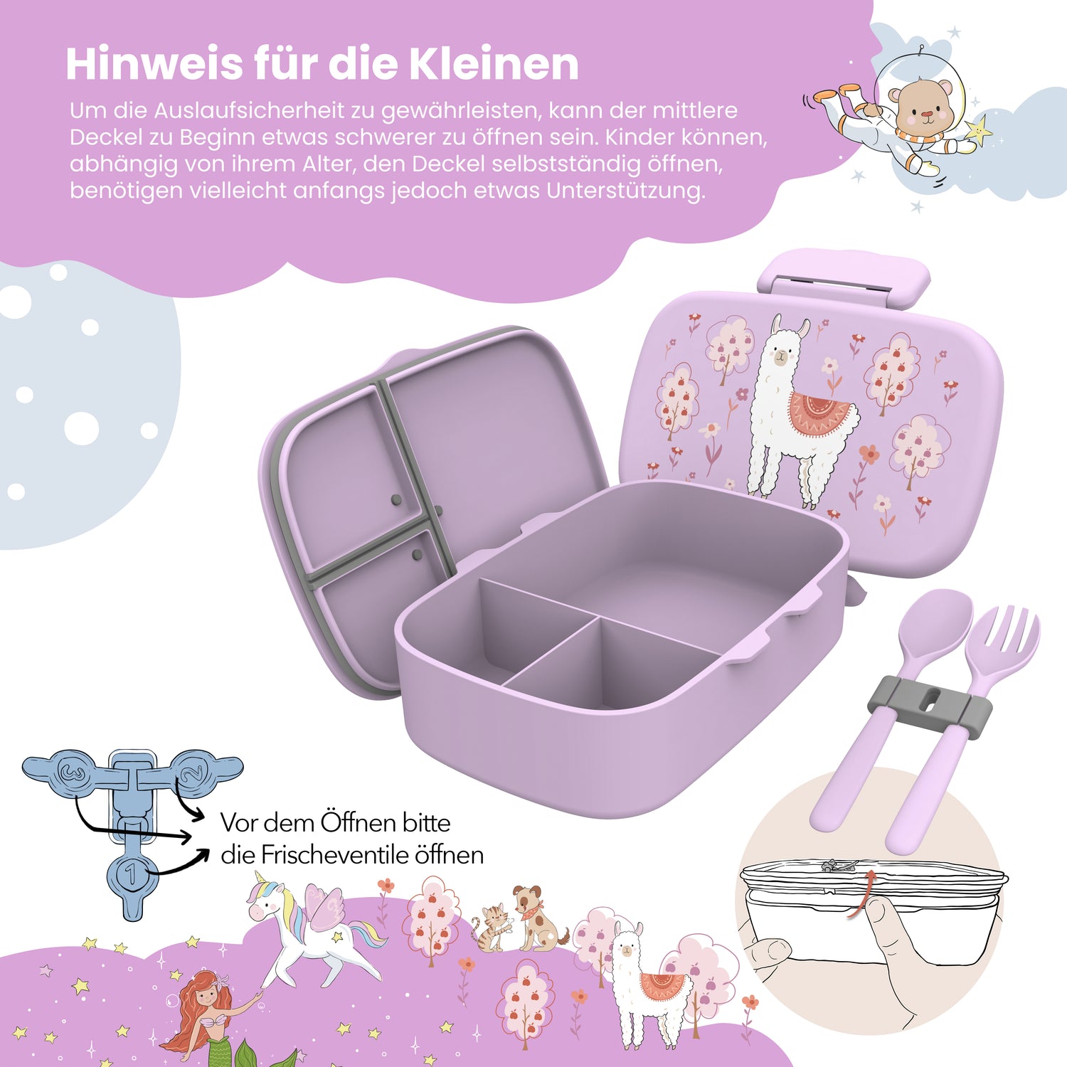 Brotdose Kinder mit Fächern, leicht &amp; auslaufsicher - Lama