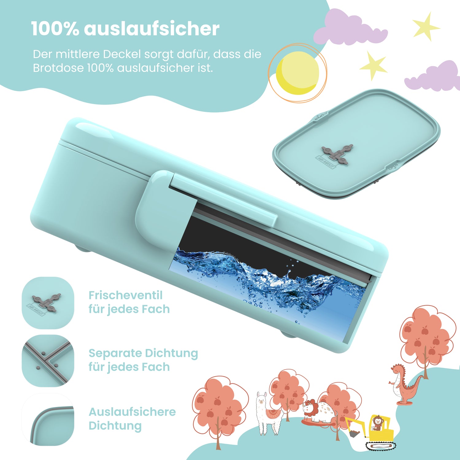 Brotdose Kinder mit Fächern, leicht &amp; auslaufsicher - mint