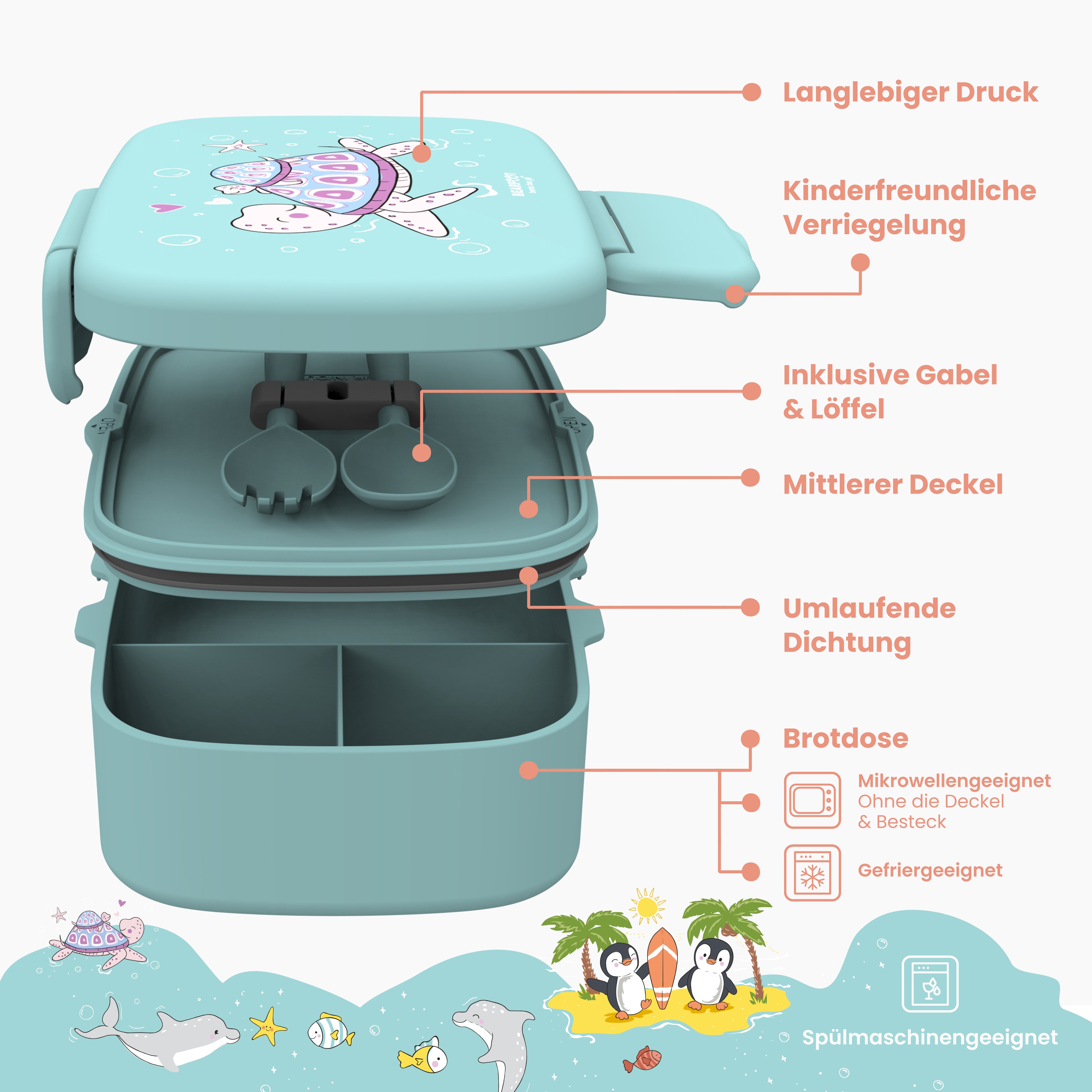 Boîte à lunch enfant à compartiments, légère et étanche - tortue