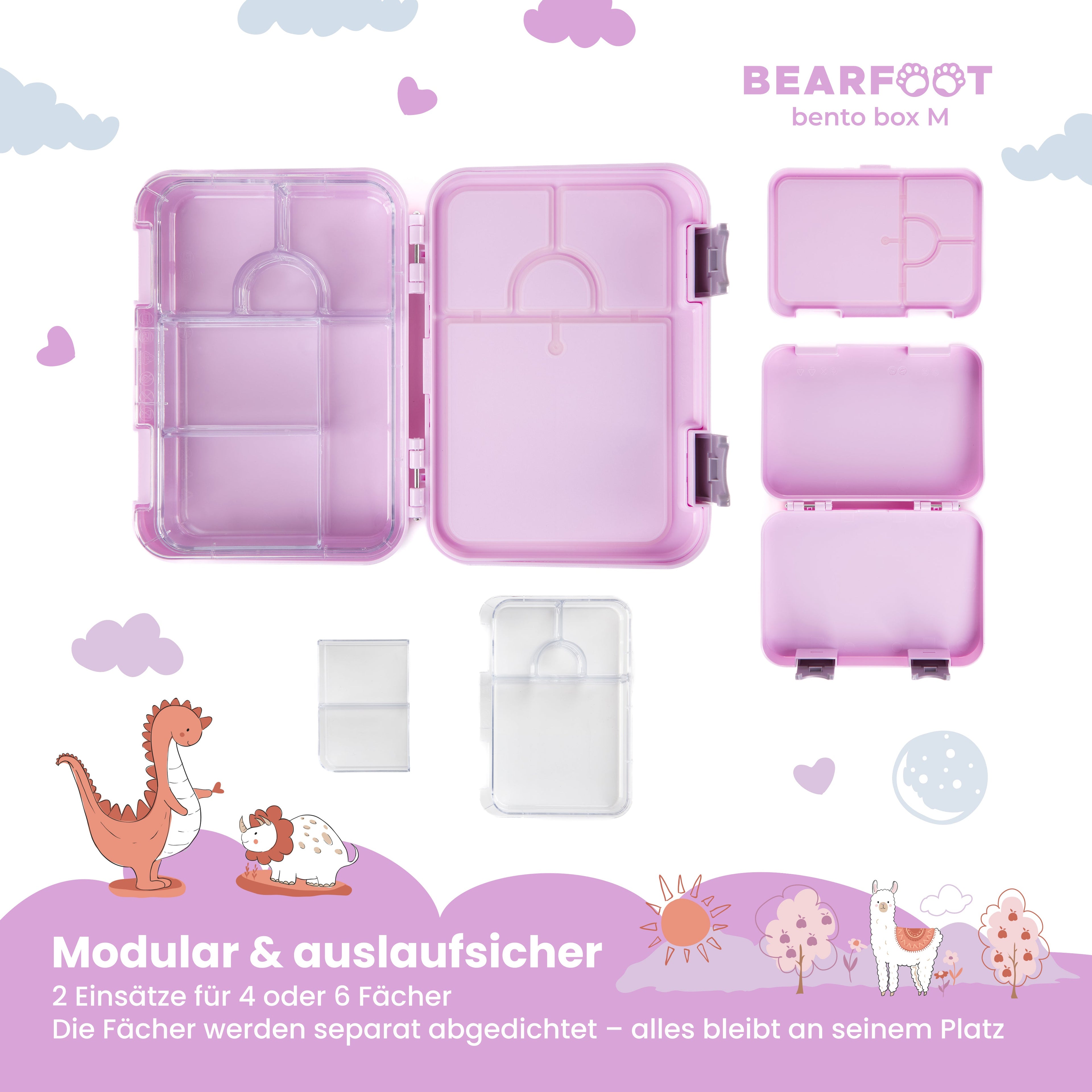Brotdose Kinder mit Fächern, Lunchbox, Bento box - Lama Lila