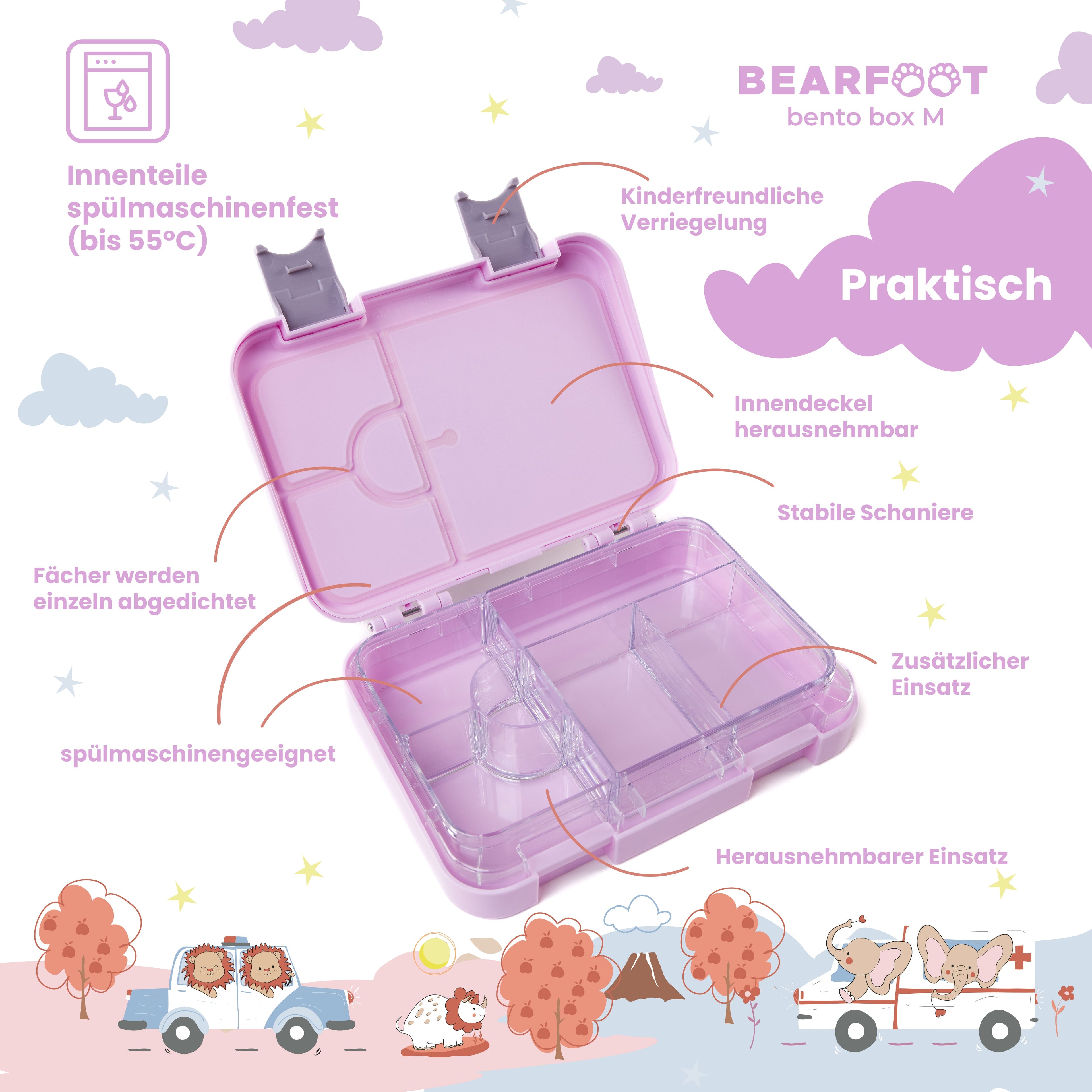 Brotdose Kinder mit Fächern, Lunchbox, Bento box - Lama Lila