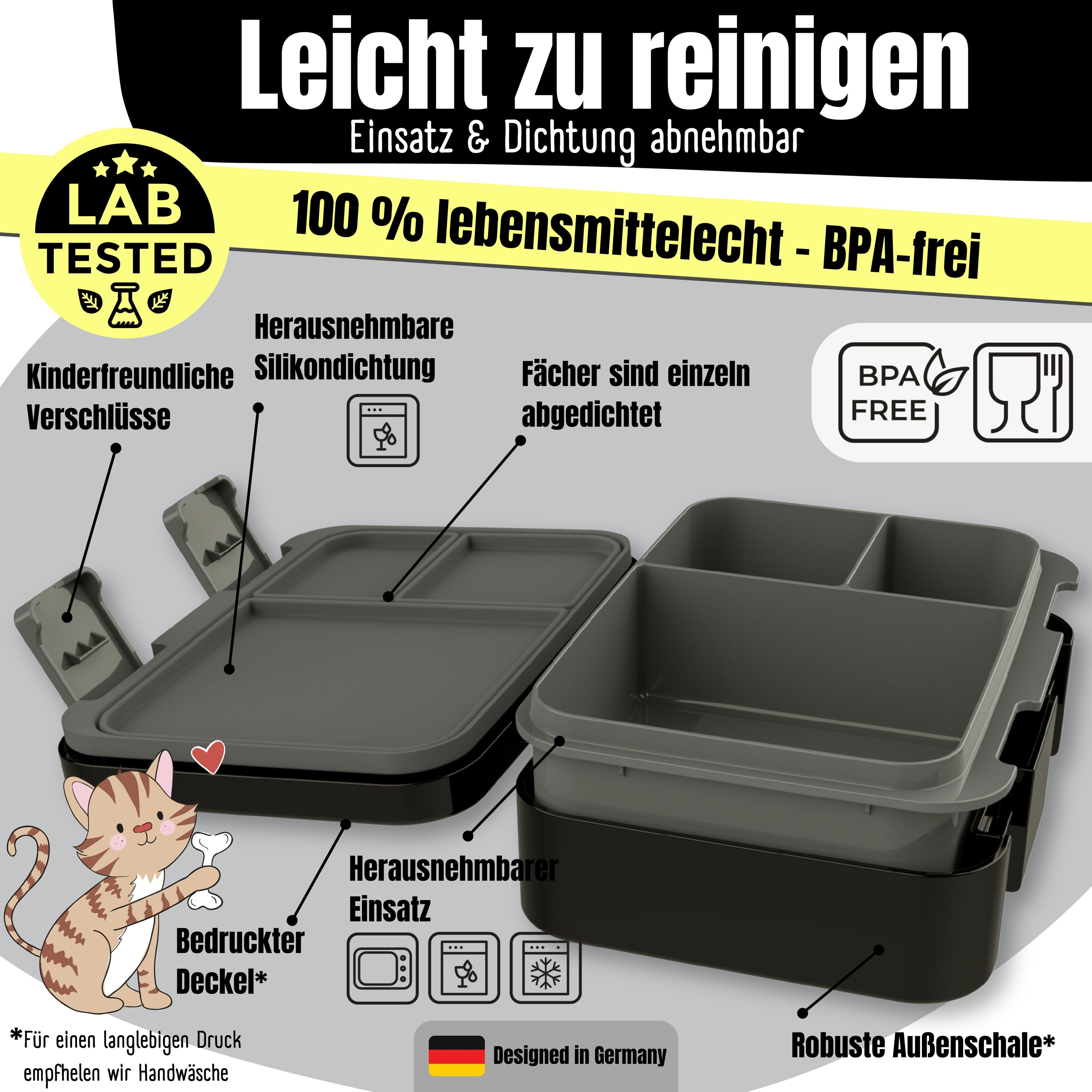 Brotdose mit Fächern, leicht &amp; auslaufsicher - Dinos schwarz