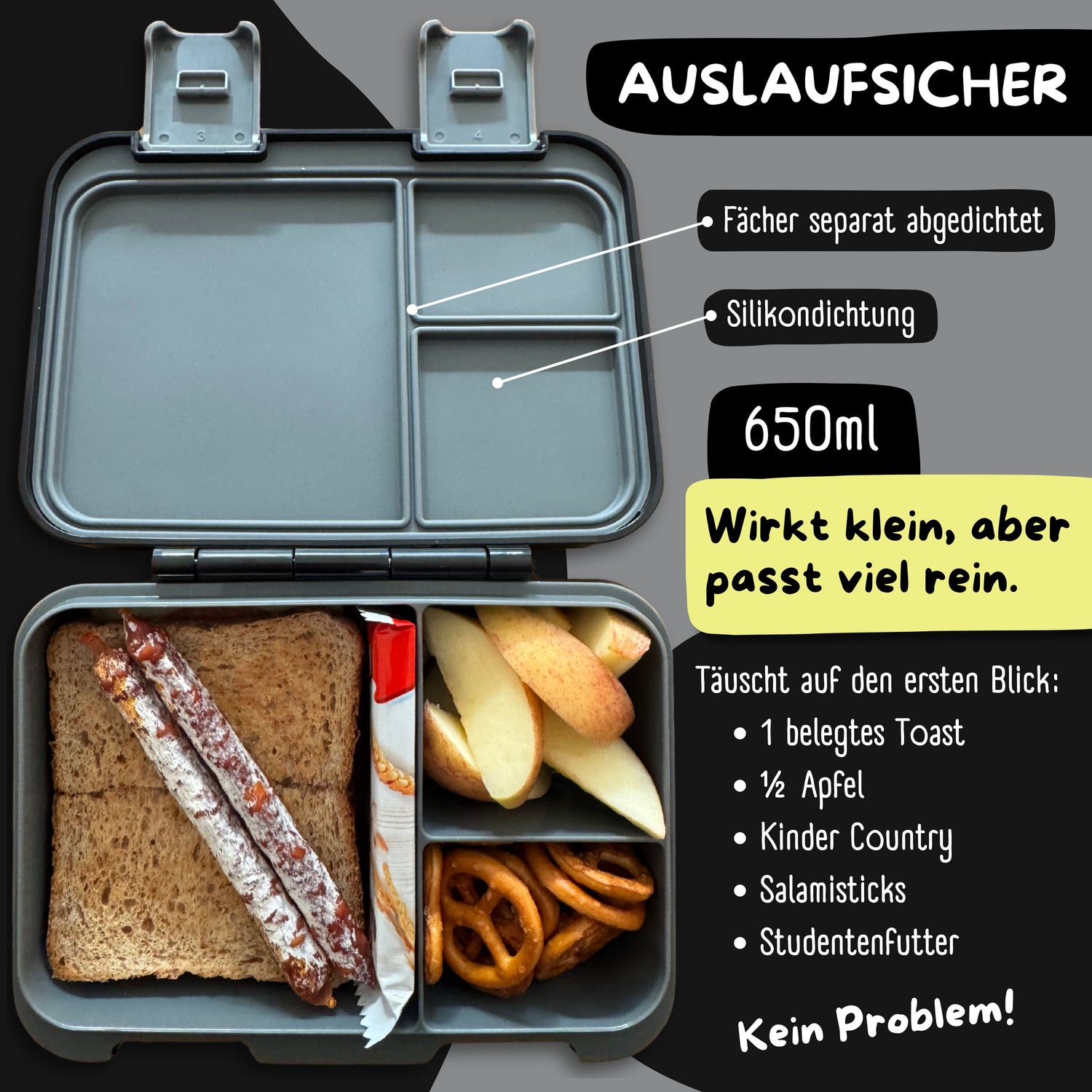 Brotdose mit Fächern, leicht &amp; auslaufsicher - Dinos schwarz