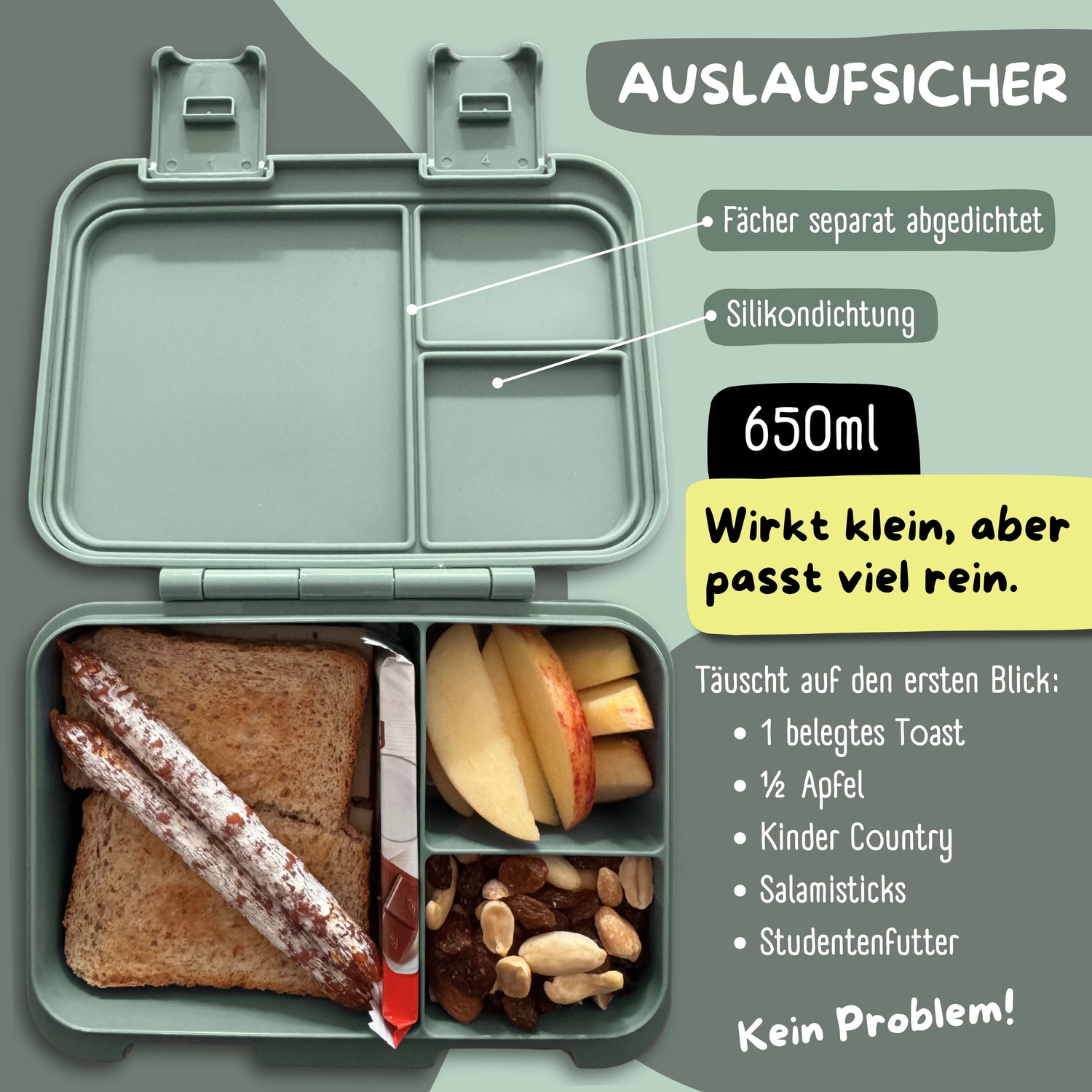 Brotdose mit Fächern, leicht &amp; auslaufsicher - Reh Salbei