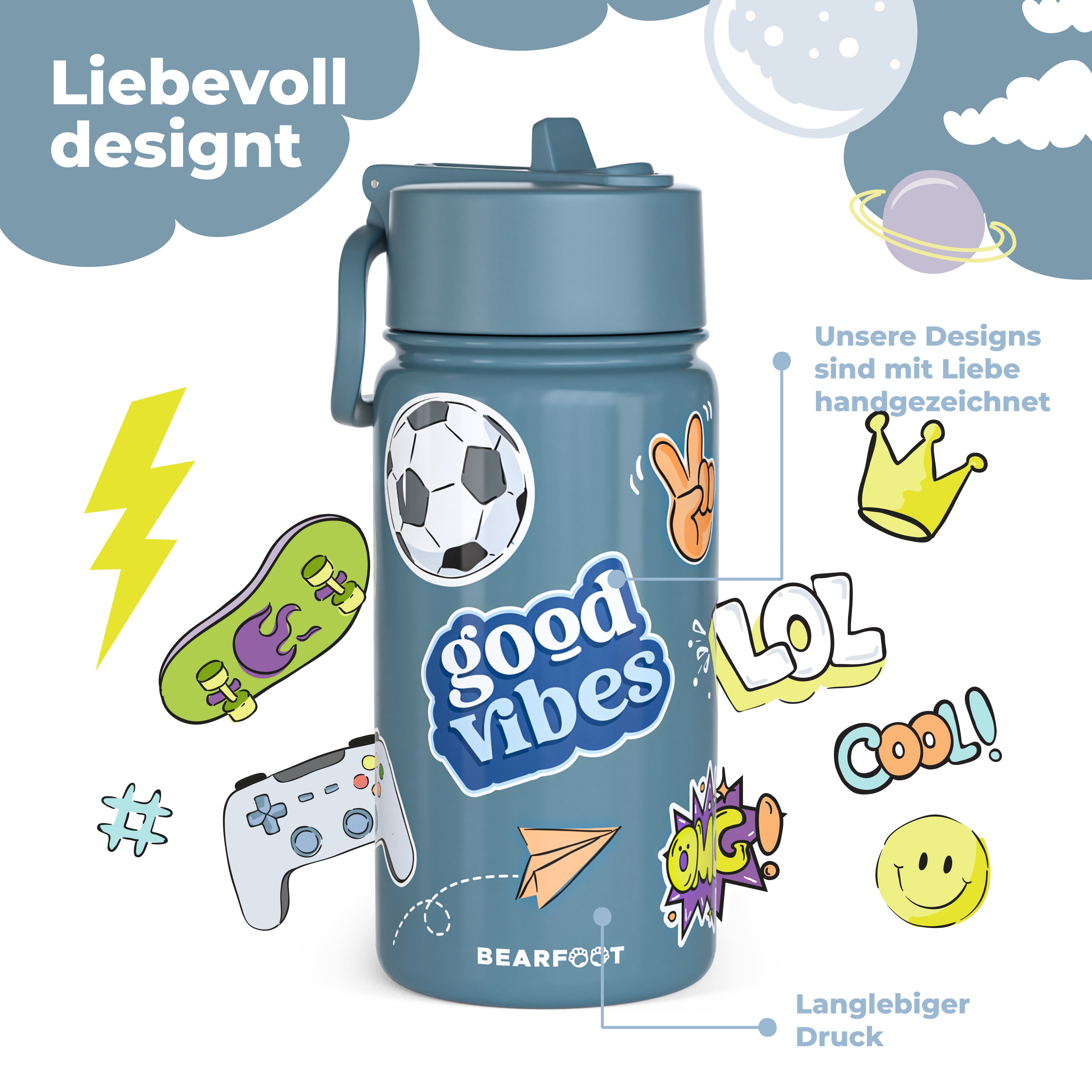 Thermo Kinder Trinkflasche Edelstahl - Sticker lila