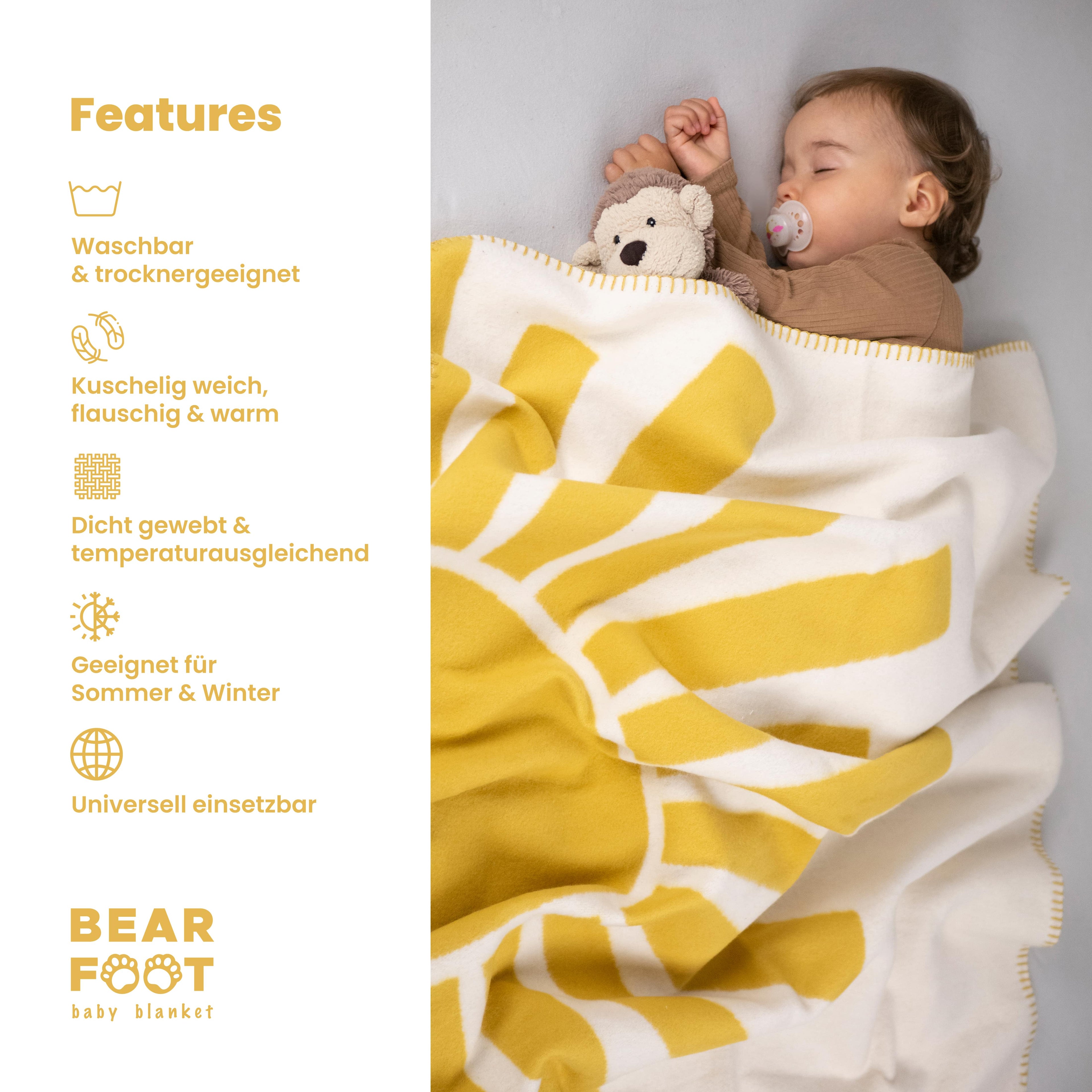Couverture pour bébé en coton biologique, fabriquée en Allemagne, jaune soleil