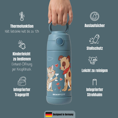 Thermo Kinder Trinkflasche Edelstahl - Hund &amp; Katze blau