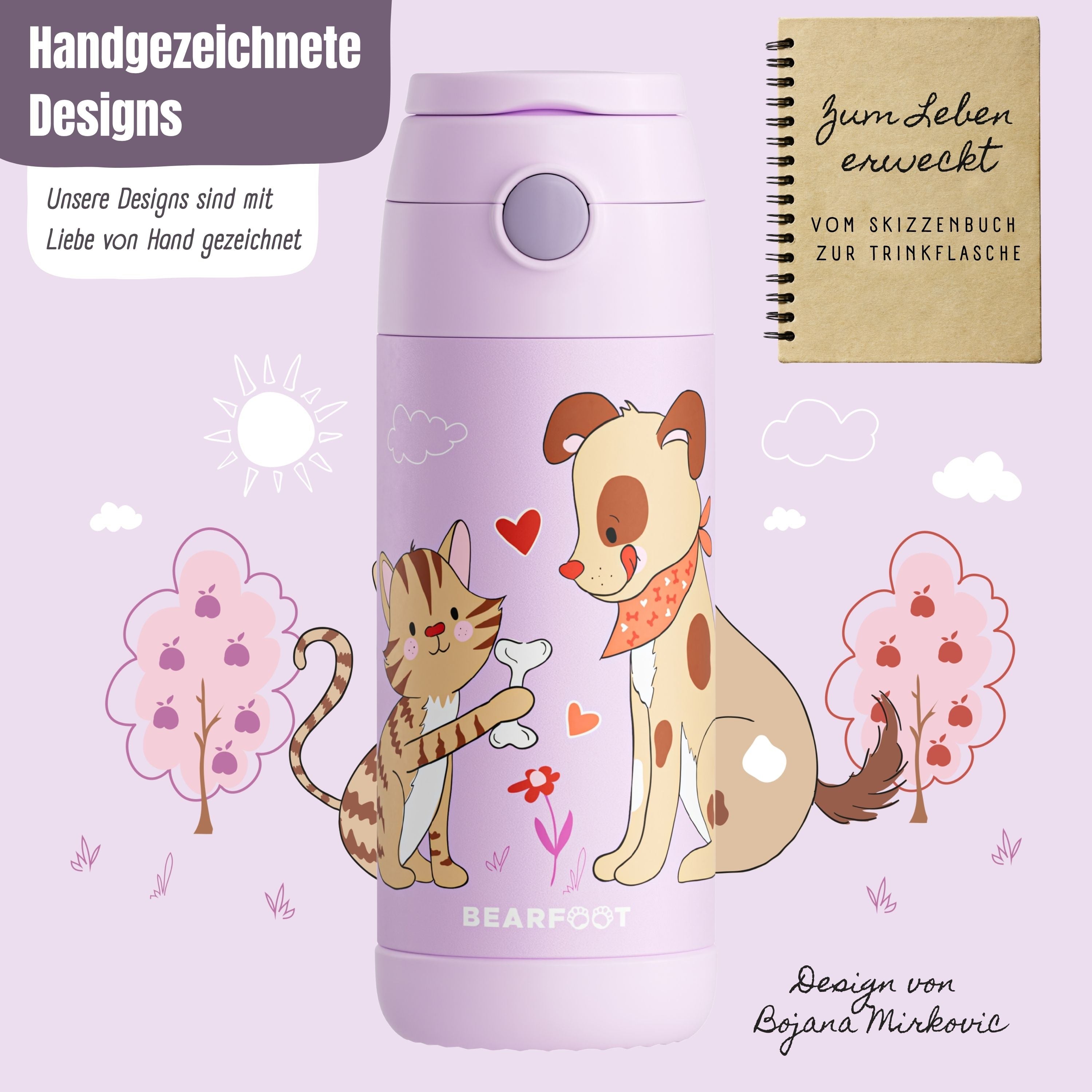 Thermo Kinder Trinkflasche Edelstahl - Hund &amp; Katze lila