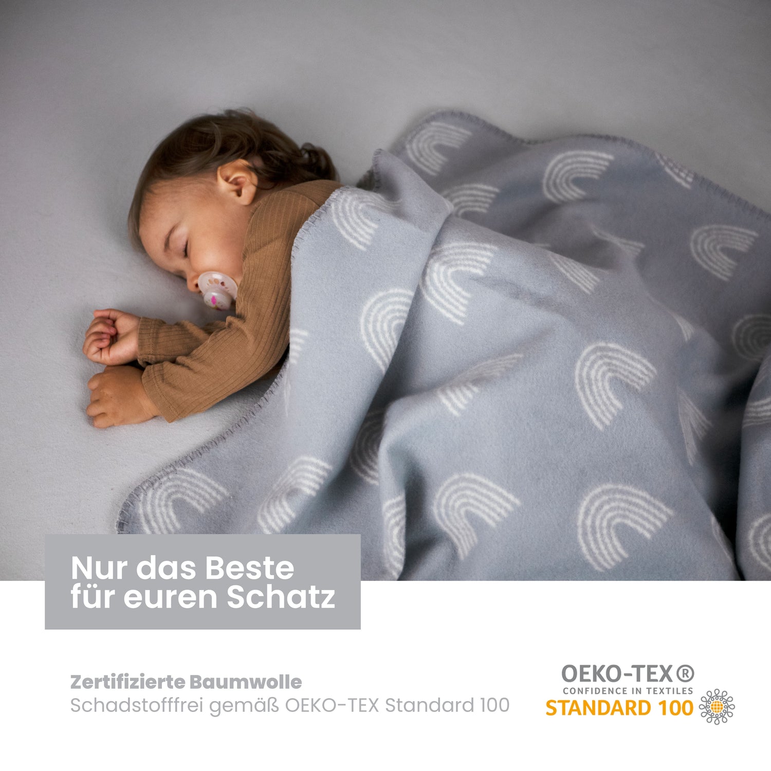 Babydecke Bio Baumwolle, Made in Germany, Regenbogen - grau