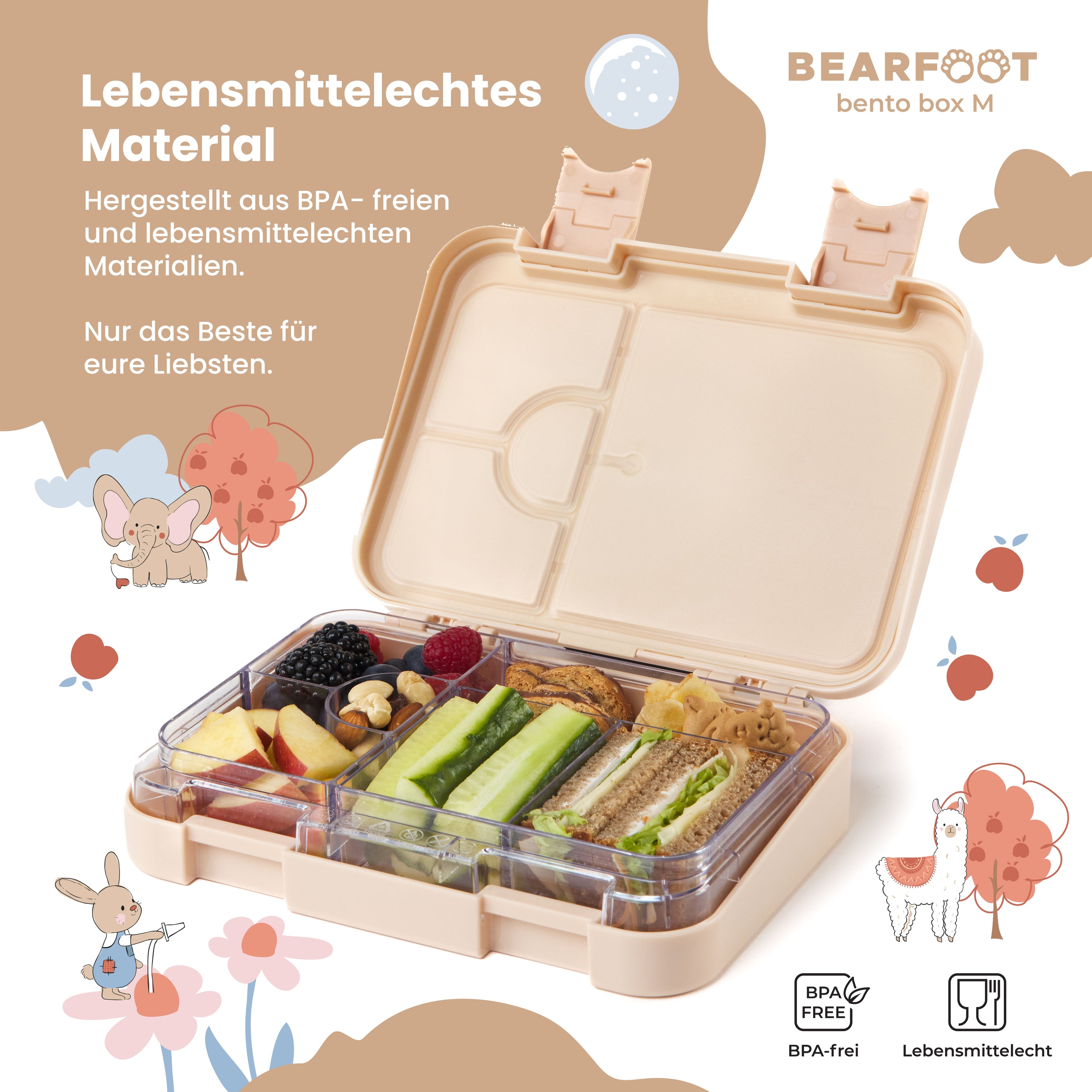 Brotdose Kinder mit Fächern, Lunchbox, Bento box - Elefanten