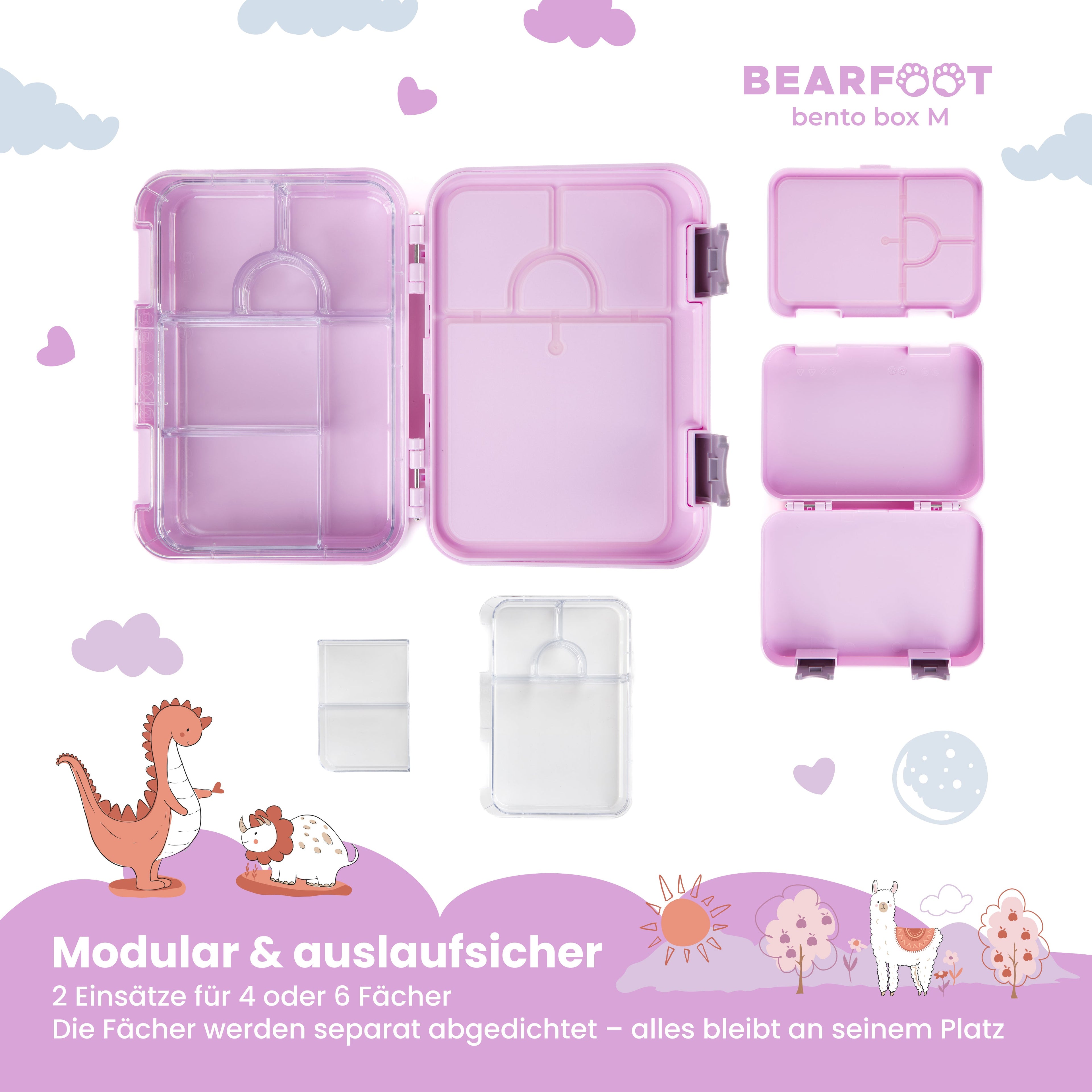 Fiambrera para niños con compartimentos, lonchera, caja bento - unicornio morado