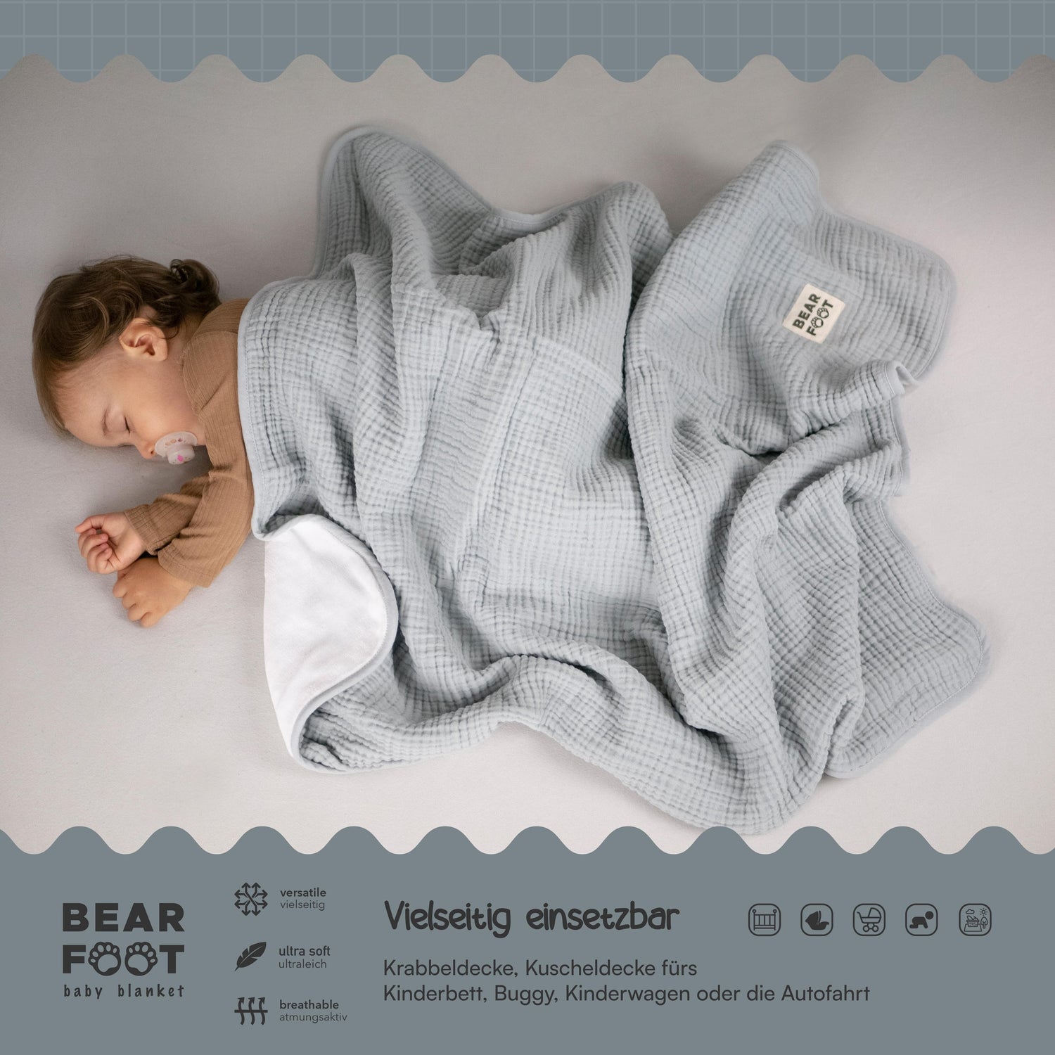 Couverture bébé en mousseline polaire moelleuse et douce - gris 