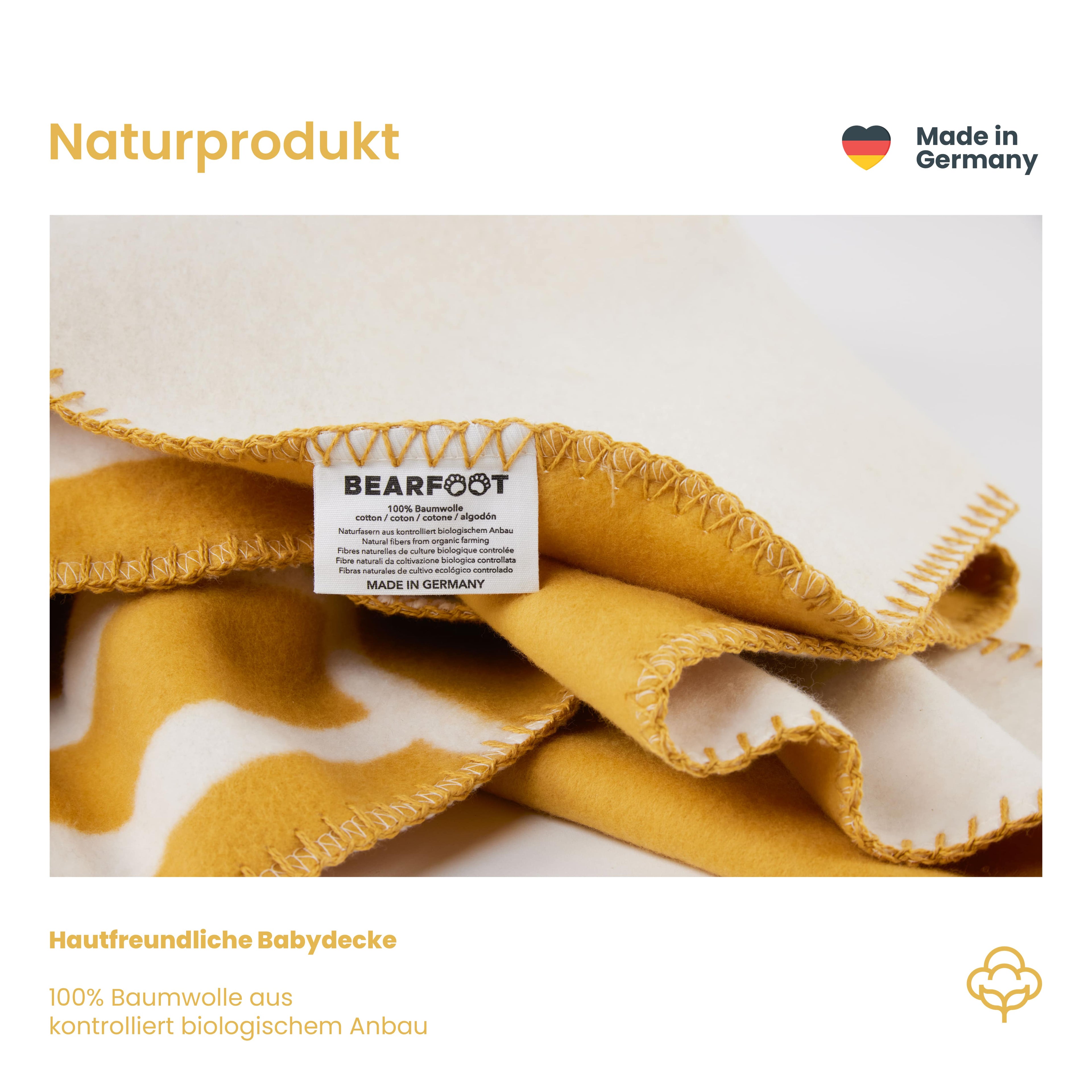 Manta para bebé de algodón orgánico, hecha en Alemania, amarillo sol